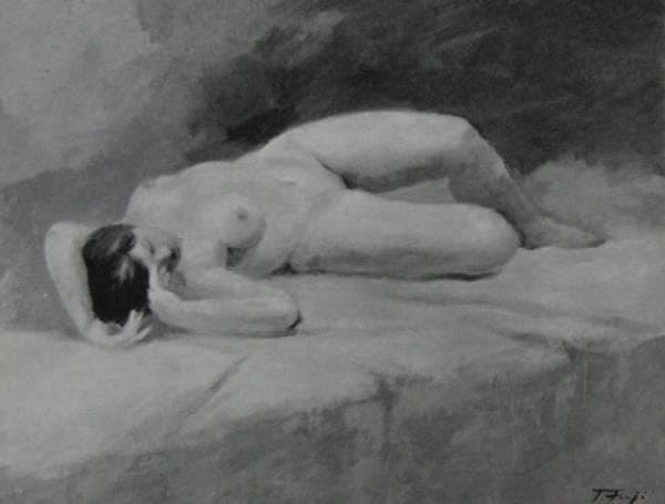 藤田忠夫、【仰臥裸婦】、希少画集画、新品高級額・額装付