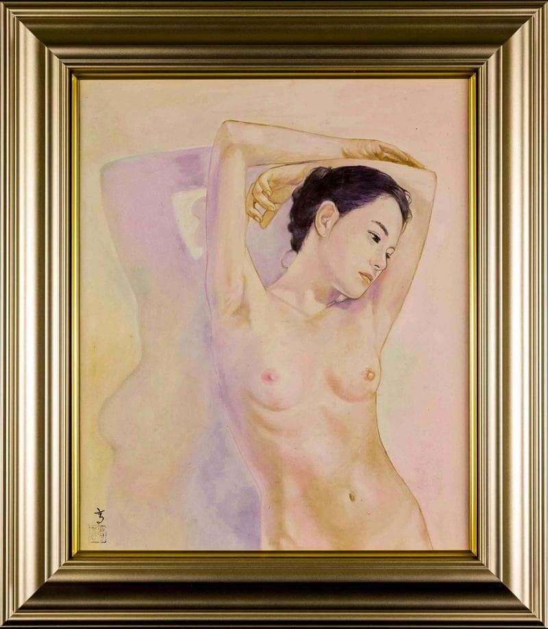 高塚省吾　油彩　肉筆『旭日を浴びる』サイン(印譜)　裏サイン　F8　額　b653