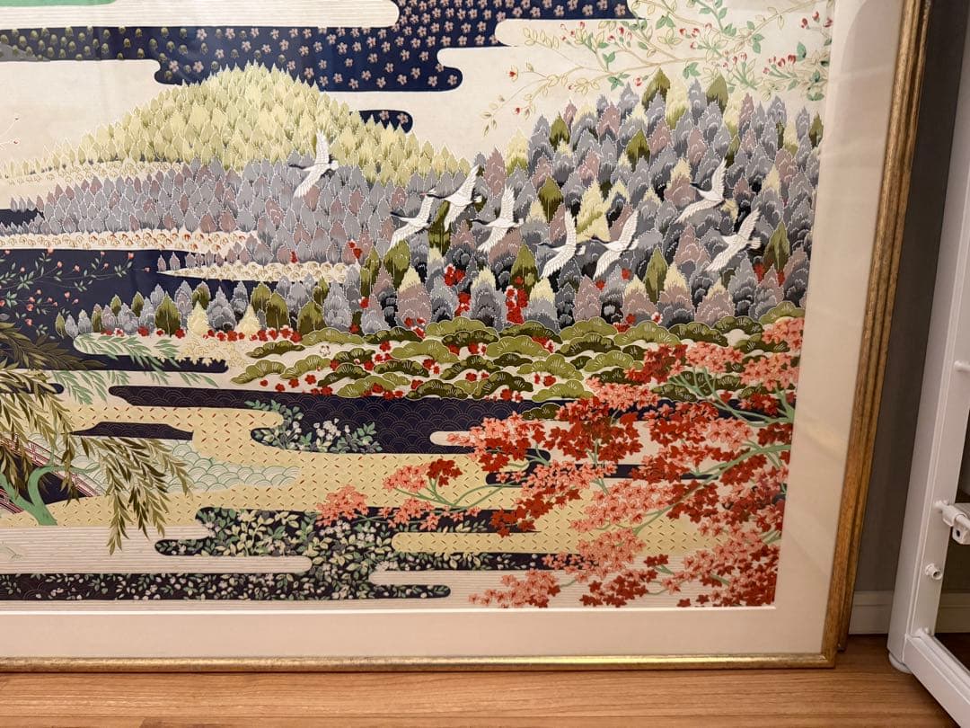 日本画 自然風景 鶴の描写 大きな作品　和紙