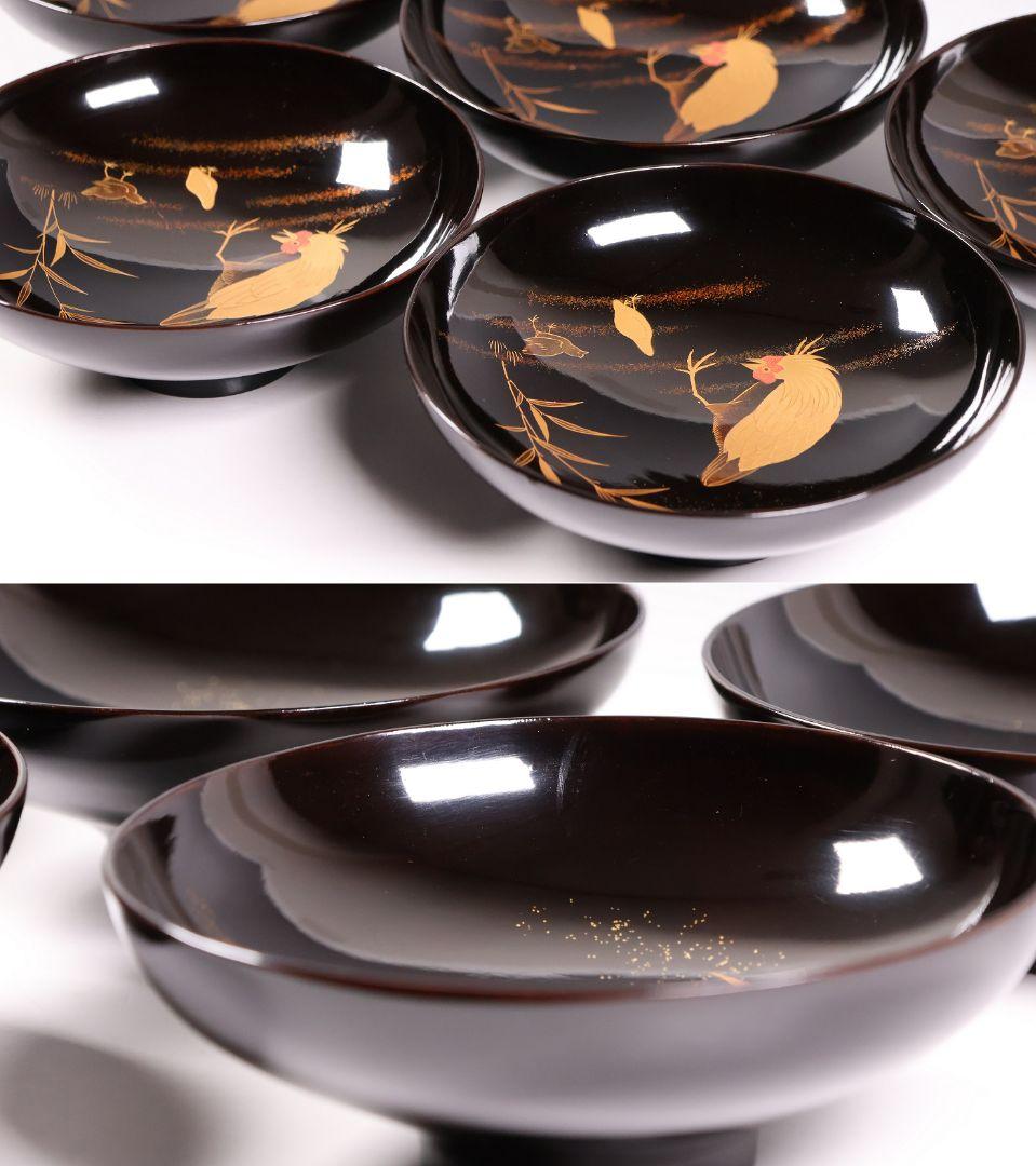 CM354】時代蒔絵椀 竹に鶏金蒔絵 平椀五客 木製 /(検) 輪島塗加賀能登