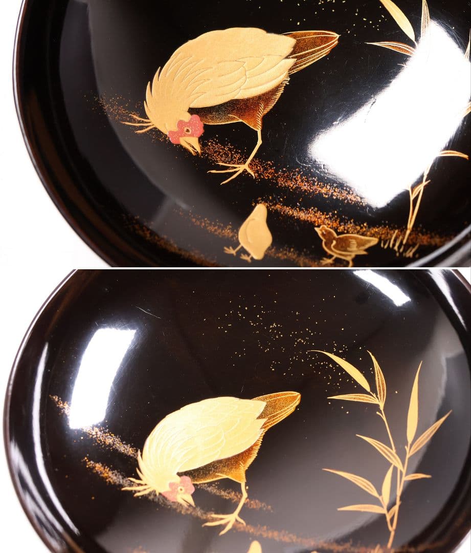 CM354】時代蒔絵椀 竹に鶏金蒔絵 平椀五客 木製 /(検) 輪島塗加賀能登