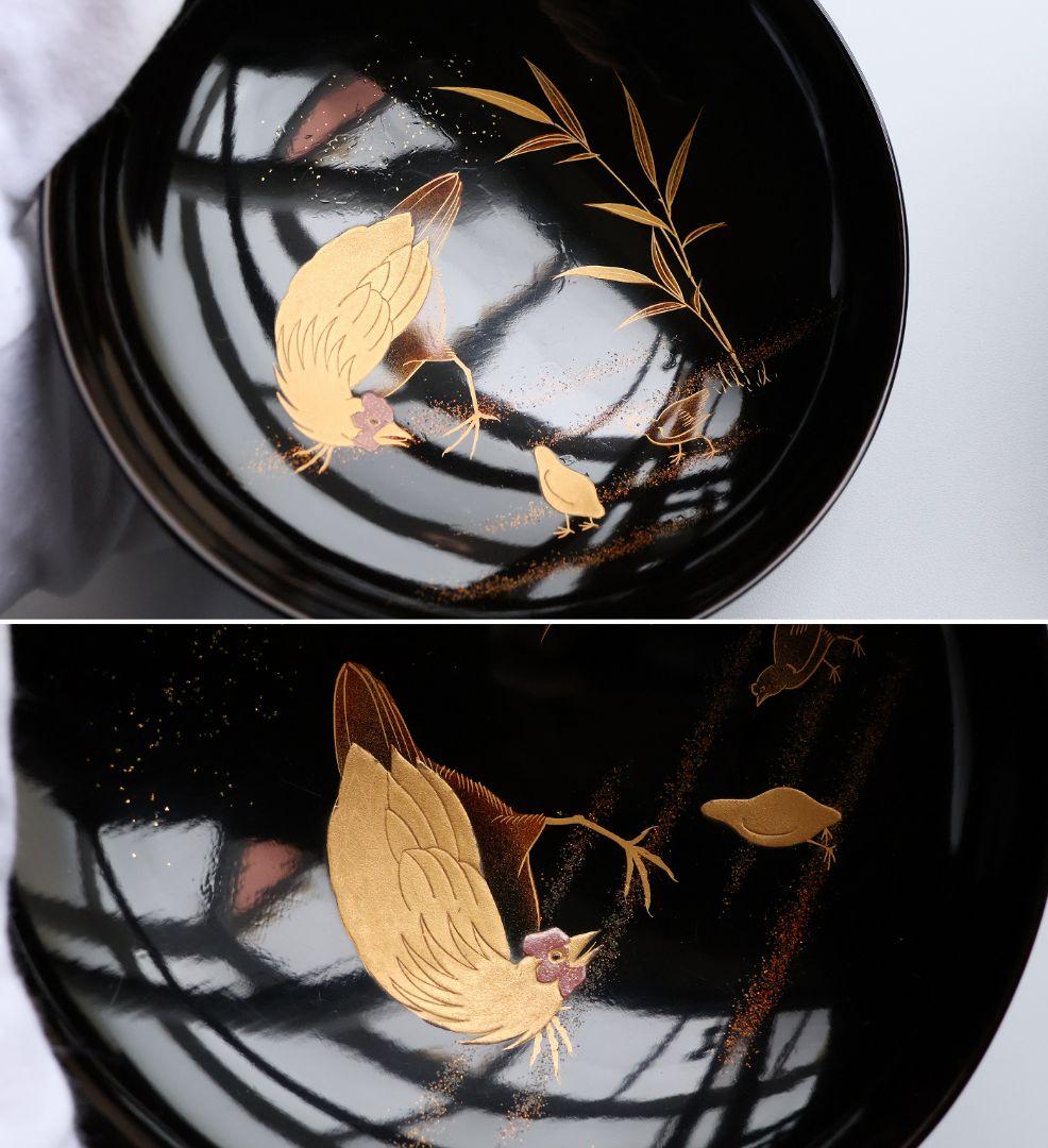 CM354】時代蒔絵椀 竹に鶏金蒔絵 平椀五客 木製 /(検) 輪島塗加賀能登