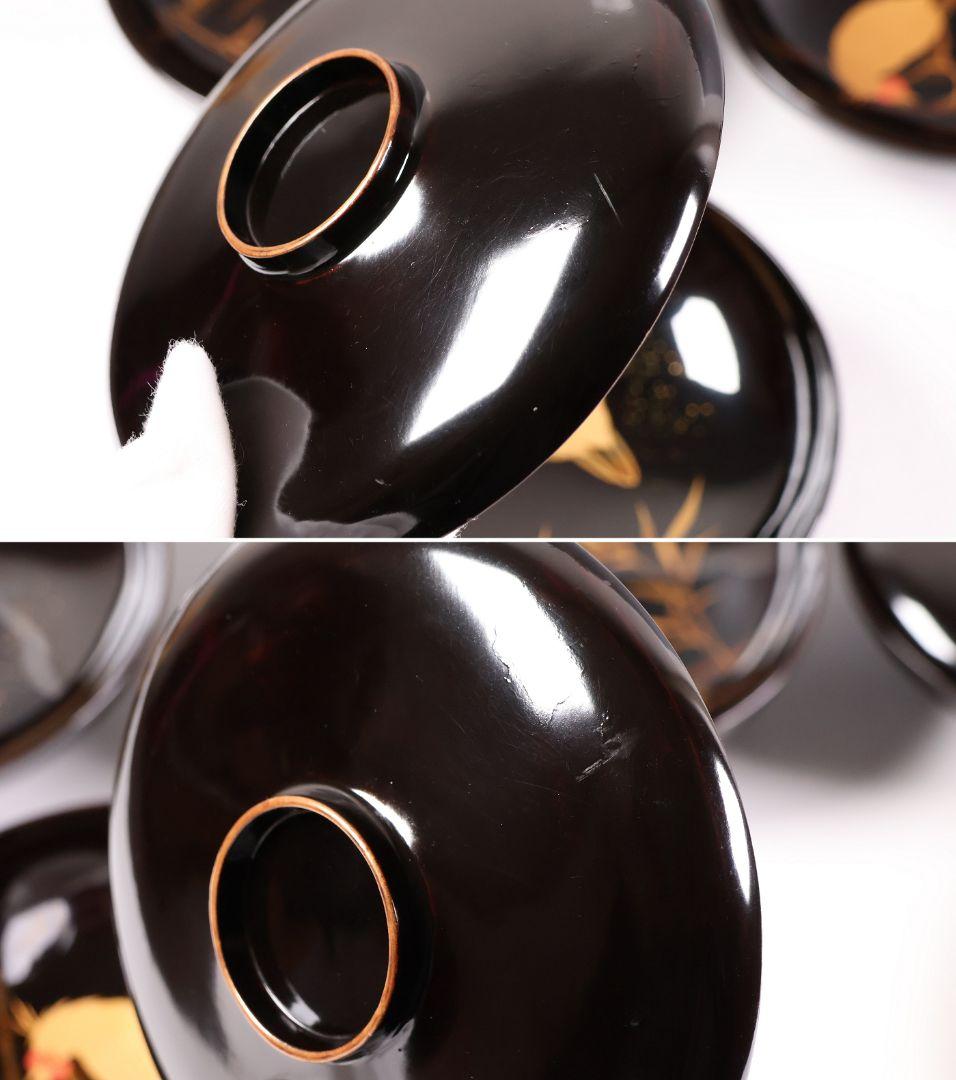 CM354】時代蒔絵椀 竹に鶏金蒔絵 平椀五客 木製 /(検) 輪島塗加賀能登