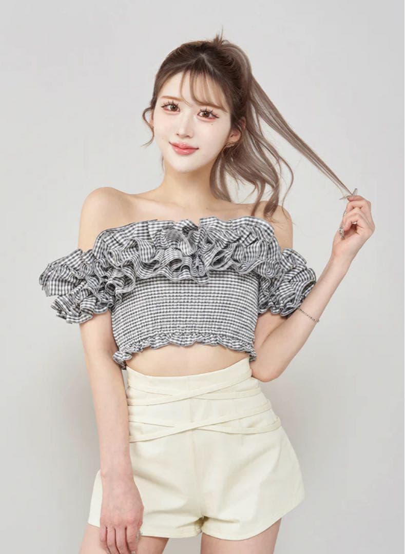 Darich ギンガムチェックオフショルトップス