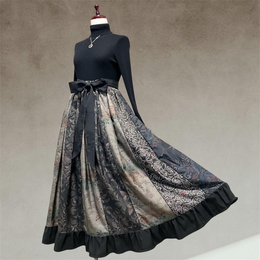 011❇︎大島紬14枚剝ギャザーたっぷりスカート ウエストゴム リボン両