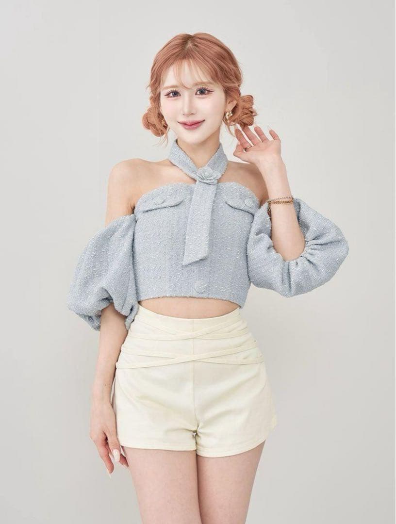 ダーリッチ Darich ホルターネックオフショルツイードトップス　サックス