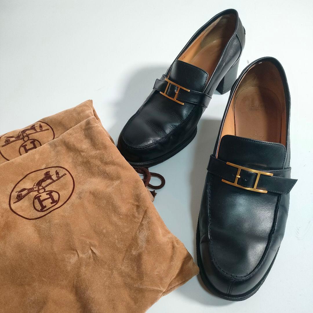 エルメス ローファー 36 レディース レザー 黒 金具 ヒール