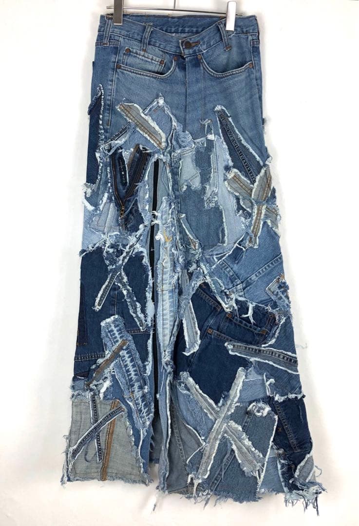 3054 リメイク デニムスカート 再構築 パッチワーク 青