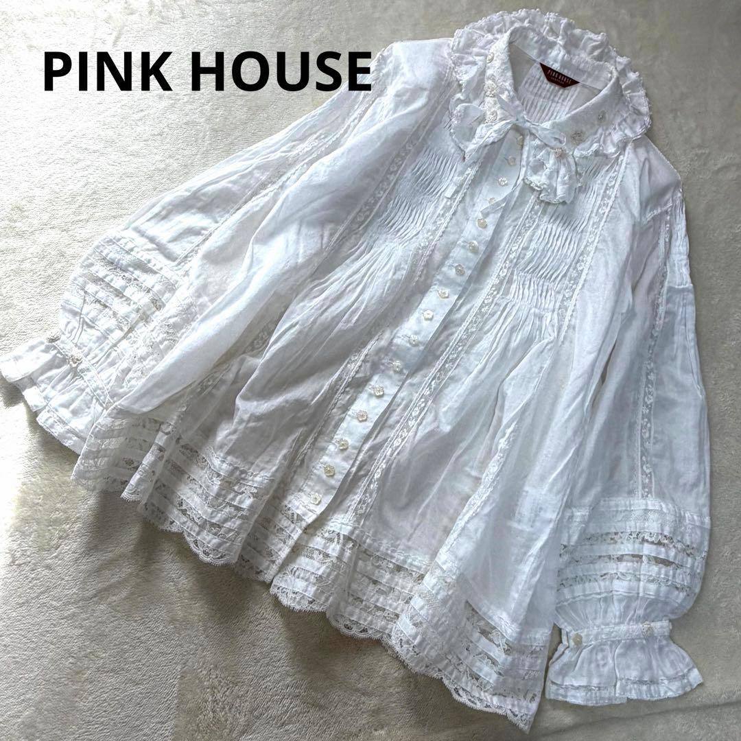 ピンクハウス　希少　日本製　ローンブラウス　レース　花モチーフ　ピンタックP72
