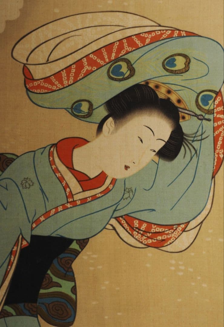 磯田湖龍斎 美人画 極彩色 肉筆 絹本 掛軸 江戸時代中期 浮世絵師 錦絵