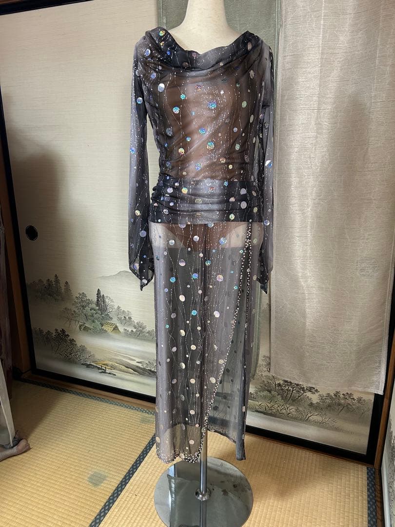 ✨️豪華オ―ダ―✨️社交ダンススタンダードドレス（Mサイズ）シースルーロングドレス