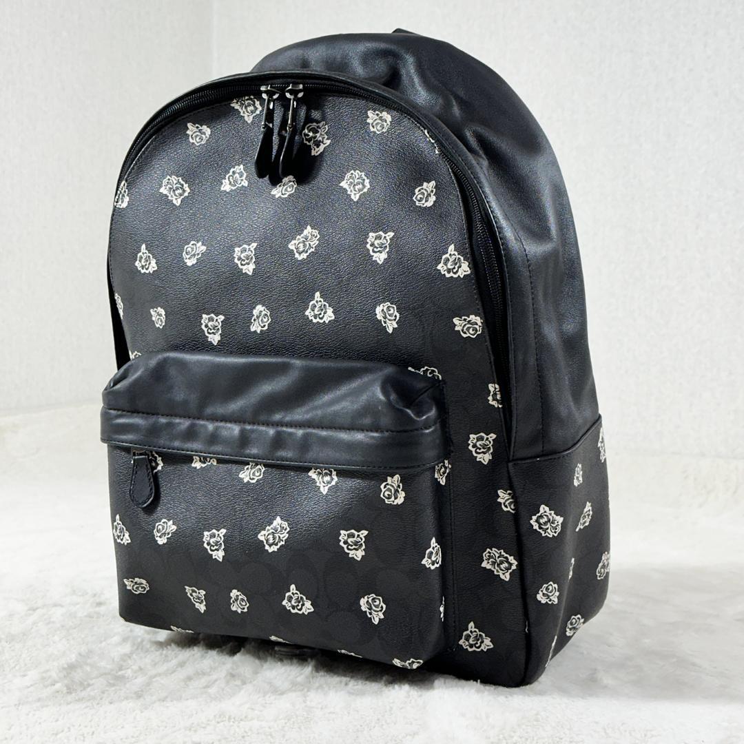 美品 COACH リュック F55970 レザー バラ柄 黒 コーチ COACH バックパック リュック シグネチャー 黒 ブラック バラ