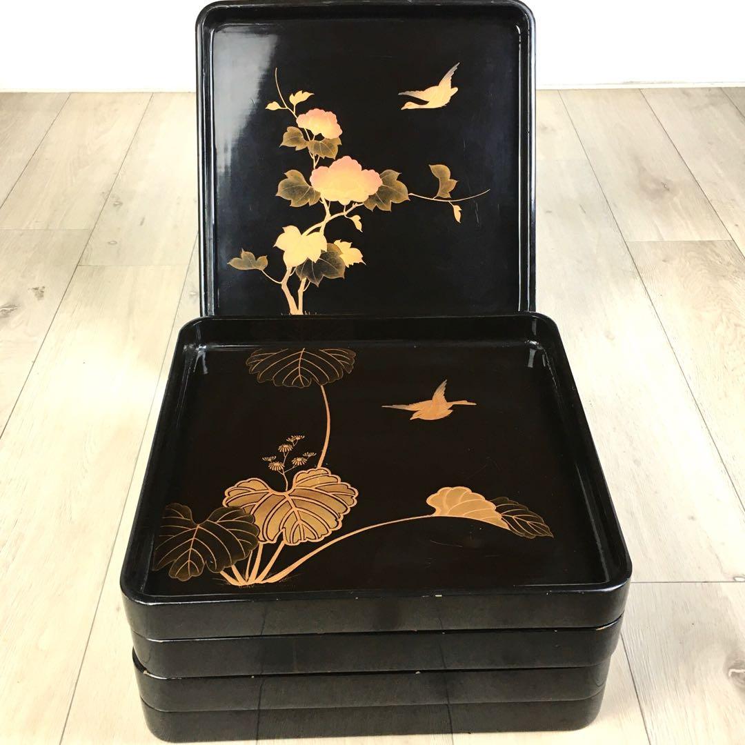 S372懐石膳 四方盆 花鳥蒔絵 5客揃 真塗木製 時代物