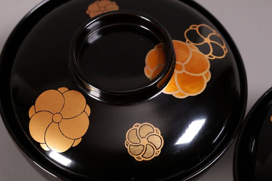 漆芸 木製漆器 捻り梅 金蒔絵 黒塗 御椀 二客 茶懐石道具【MA774