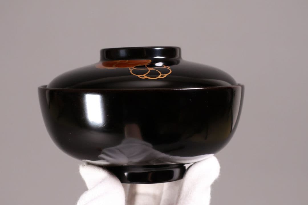 漆芸 木製漆器 捻り梅 金蒔絵 黒塗 御椀 二客 茶懐石道具【MA774