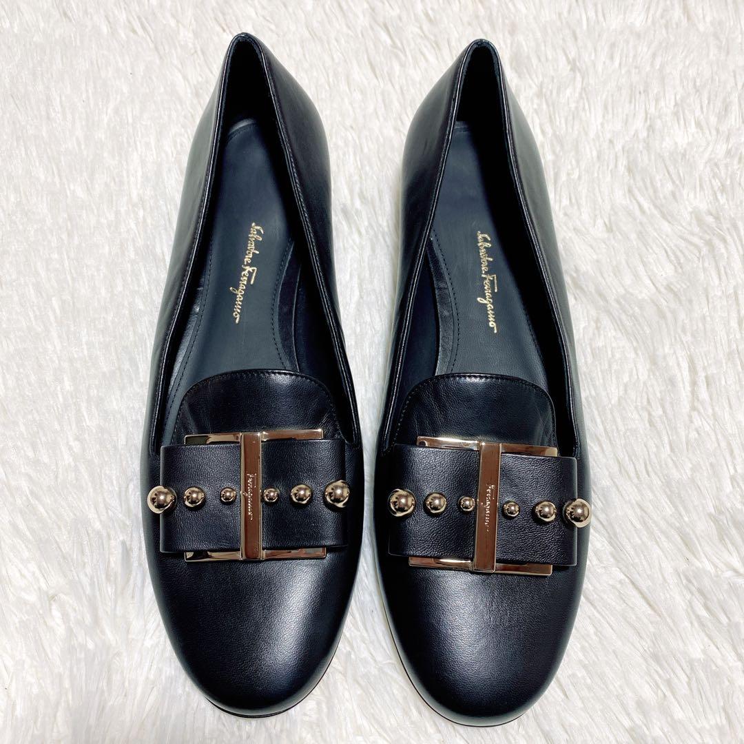 未使用級✨Ferragamo フェラガモ パンプス リボン スタッズ 9C 黒