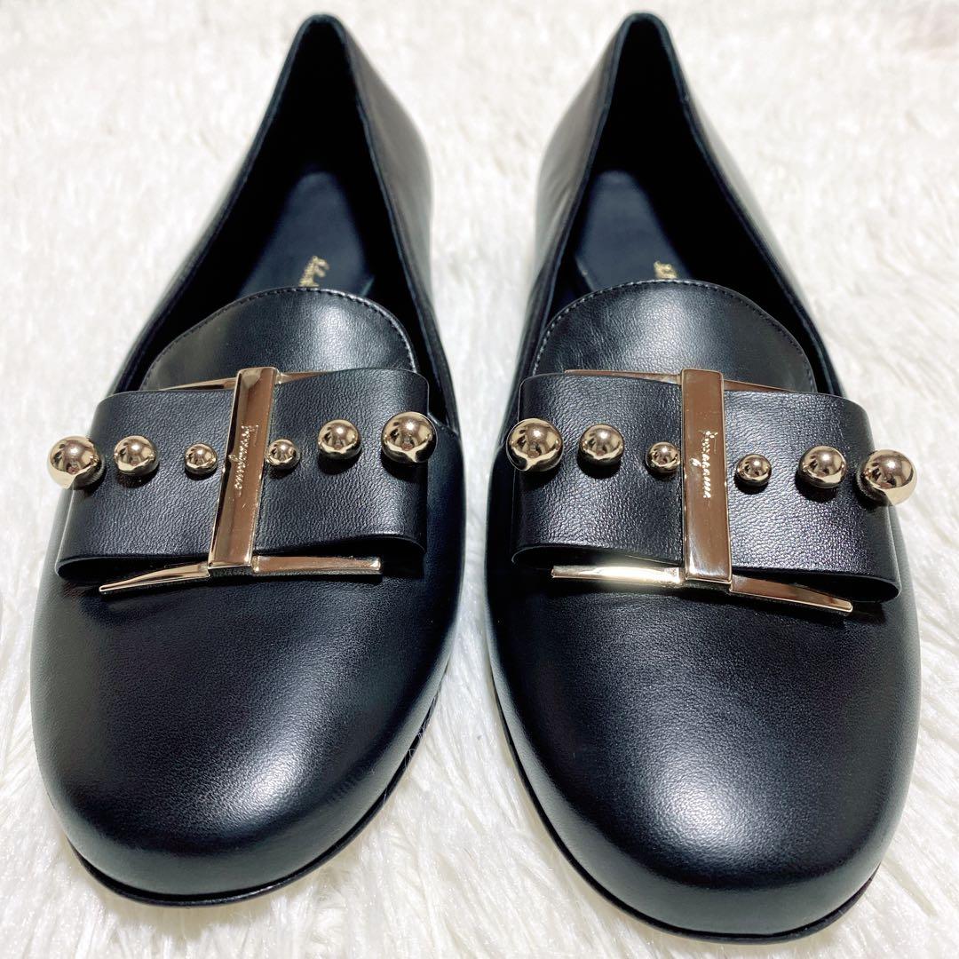 未使用級✨Ferragamo フェラガモ パンプス リボン スタッズ 9C 黒