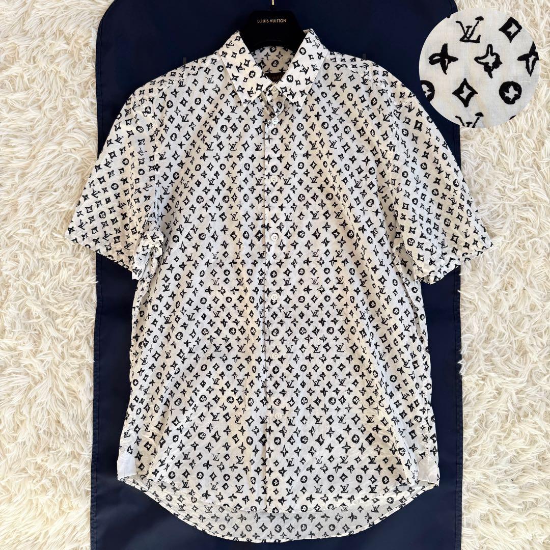 美品　ルイヴィトン　半袖　シャツ　モノグラム　総柄　ホワイト　Lサイズ LOUIS VUITTON（ルイ・ヴィトン） 24AW Multicolor Silk Short Sleeve