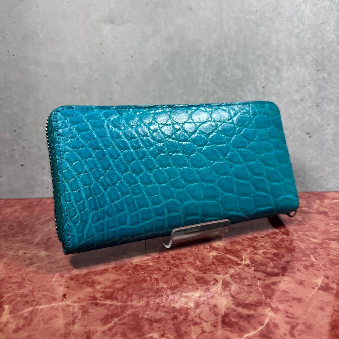 新品 クロコダイル ターコイズ ブルー 長財布 シルバーファスナー 本革 ワニ革