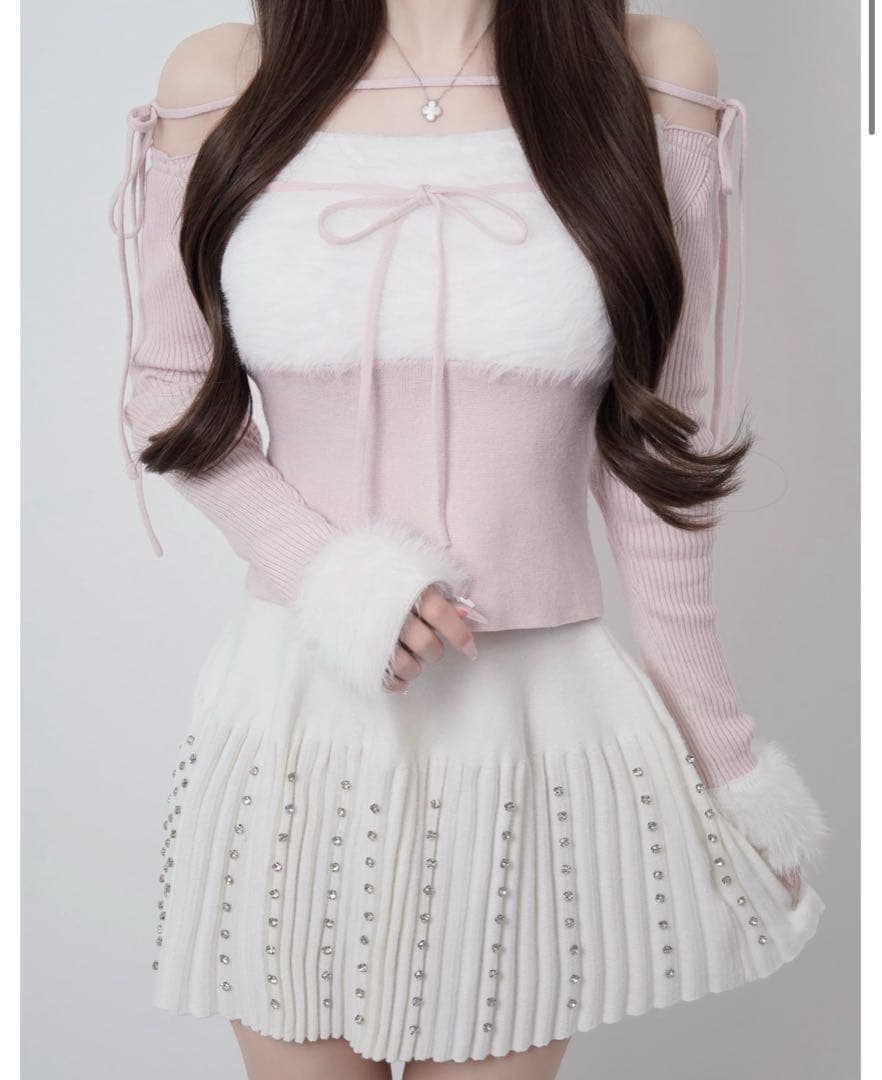 lumignon Ribbon bust fluffy tops ピンク