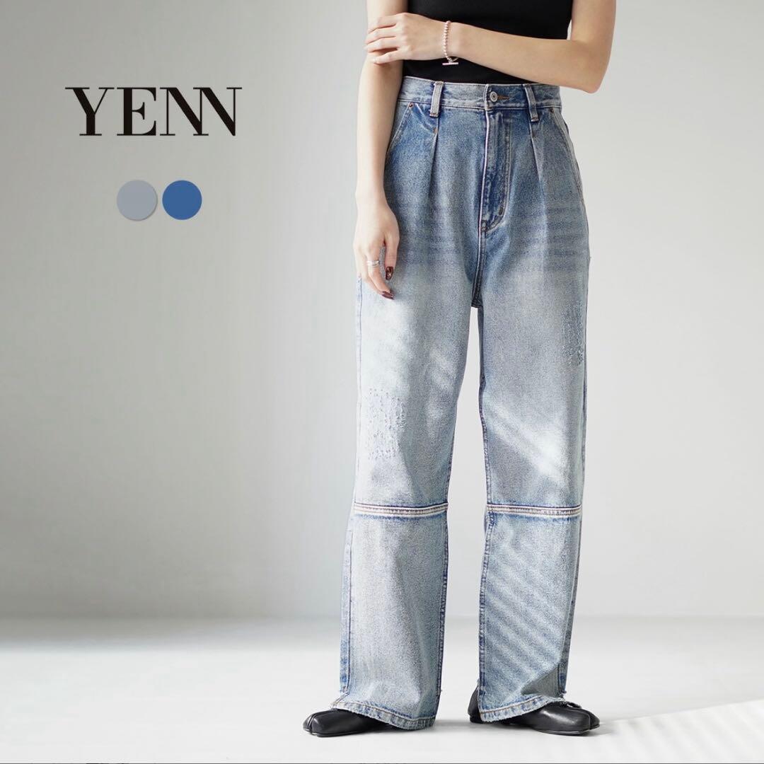 YENN ハイライズタックワイドデニムパンツ ライトブルー 40