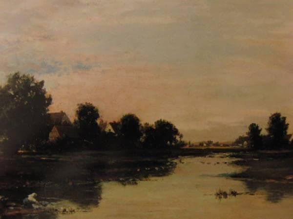 C=F・ドービニー、川辺で洗濯する女、希少画集画、額装付