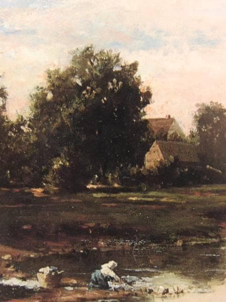 C=F・ドービニー、川辺で洗濯する女、希少画集画、額装付