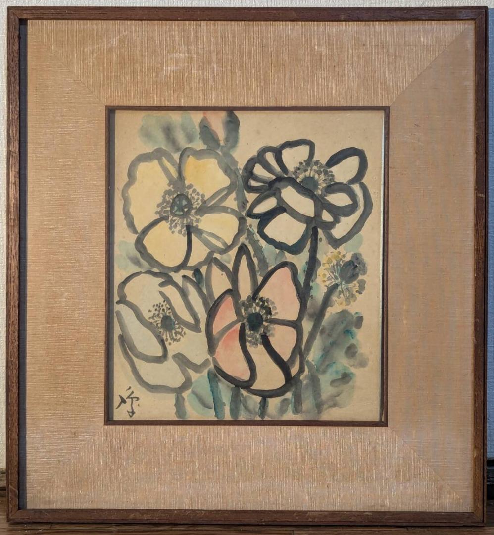 【真作】絵画　鳰川誠一　水彩（色紙）　柔らかな色彩で描かれた花々の調べ　V29