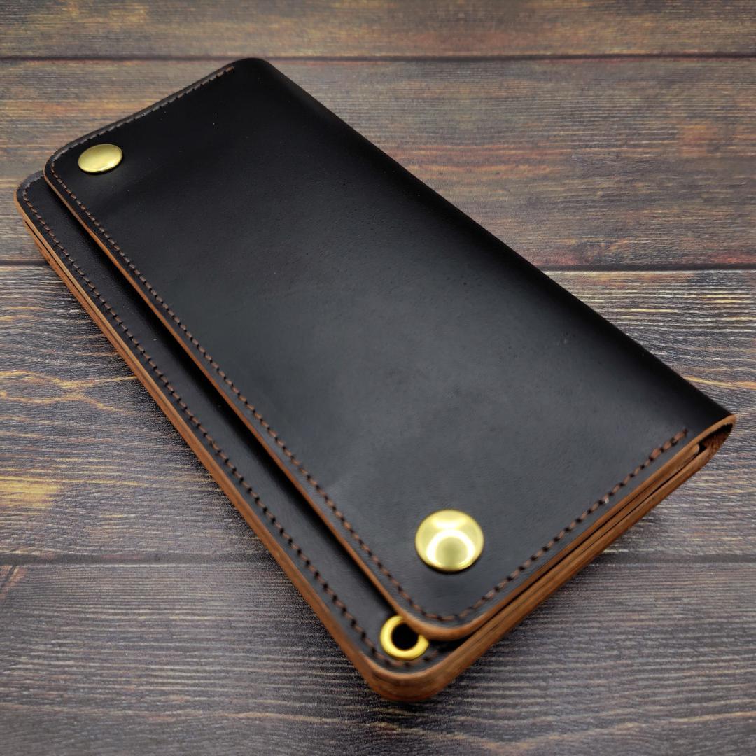 ロングトラッカーウォレット 栃木レザー ハンドメイド 本革 茶芯ブラック