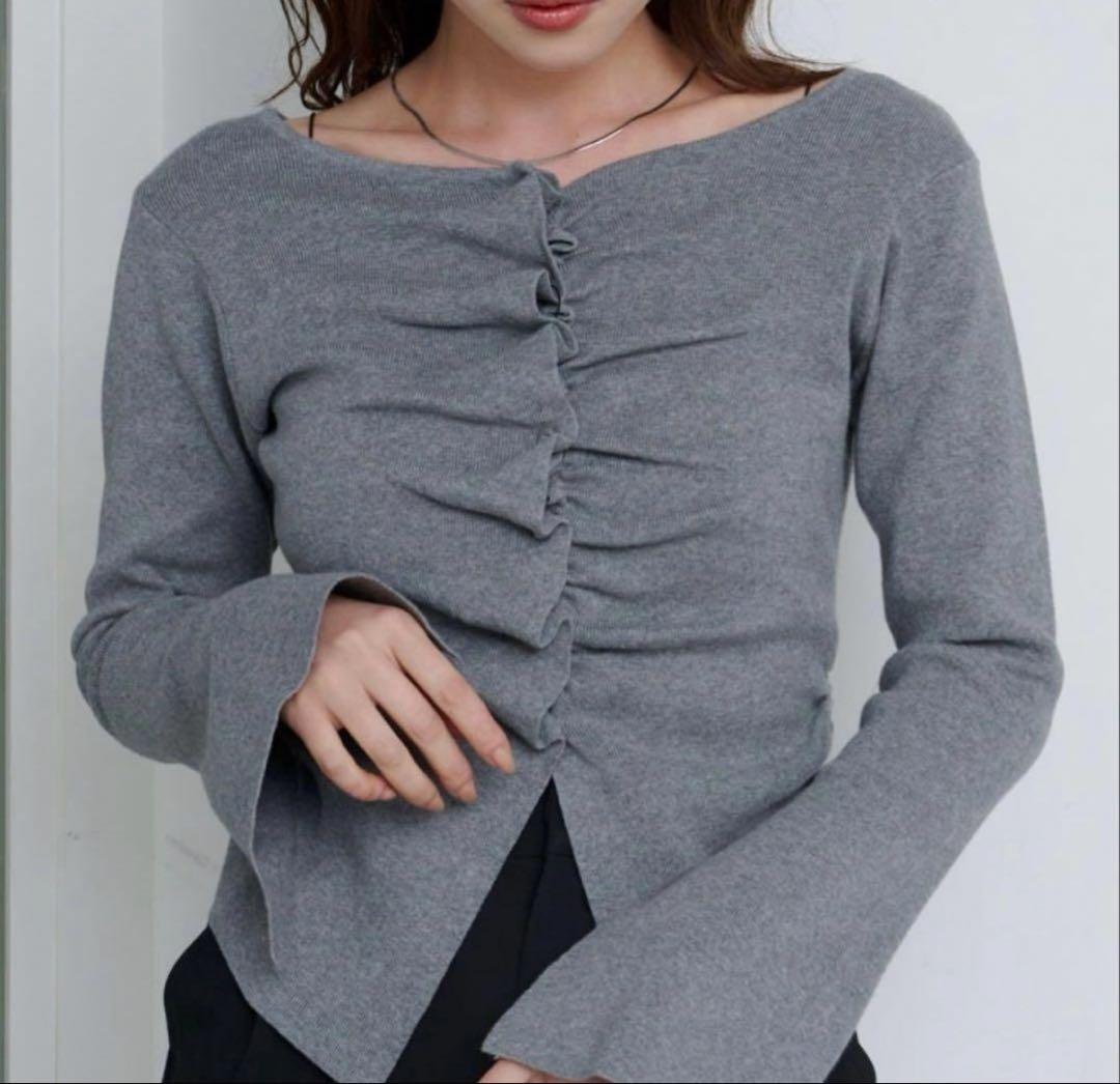 フロントギャザーニットカーディガン　グレー