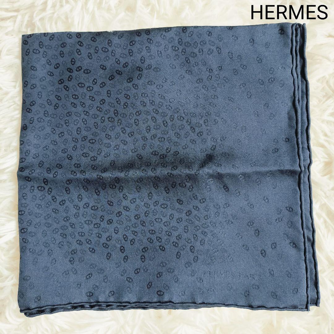 美品☆HERMESエルメス☆メンズスカーフ/ポケットチーフ ネイビー 総柄