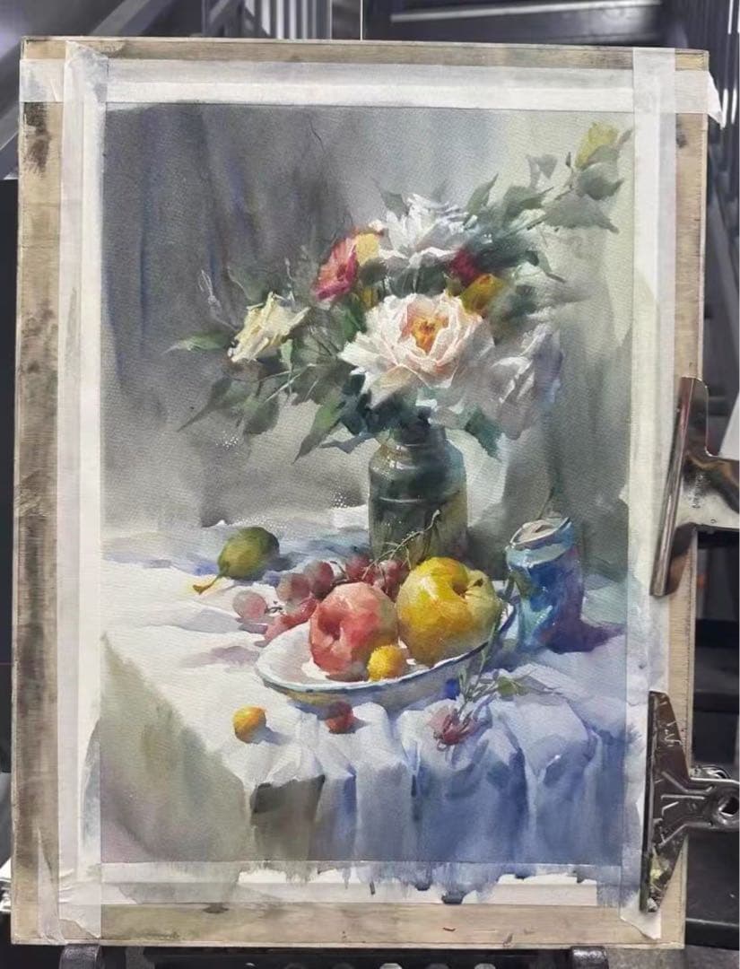 水彩 静物画 花と果物q.