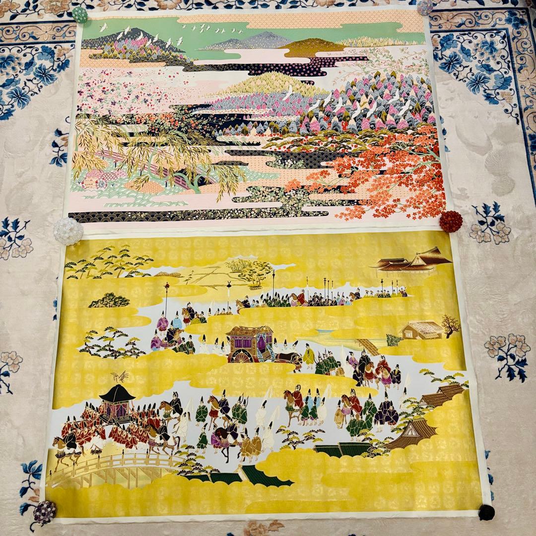 美濃和紙 友禅染 大判アート 2枚セット（花鳥／平安絵巻） 絵画　日本画 美濃和紙 ハッピーセット 友禅染め 2枚組 花鳥画と平安絵巻 縁起物