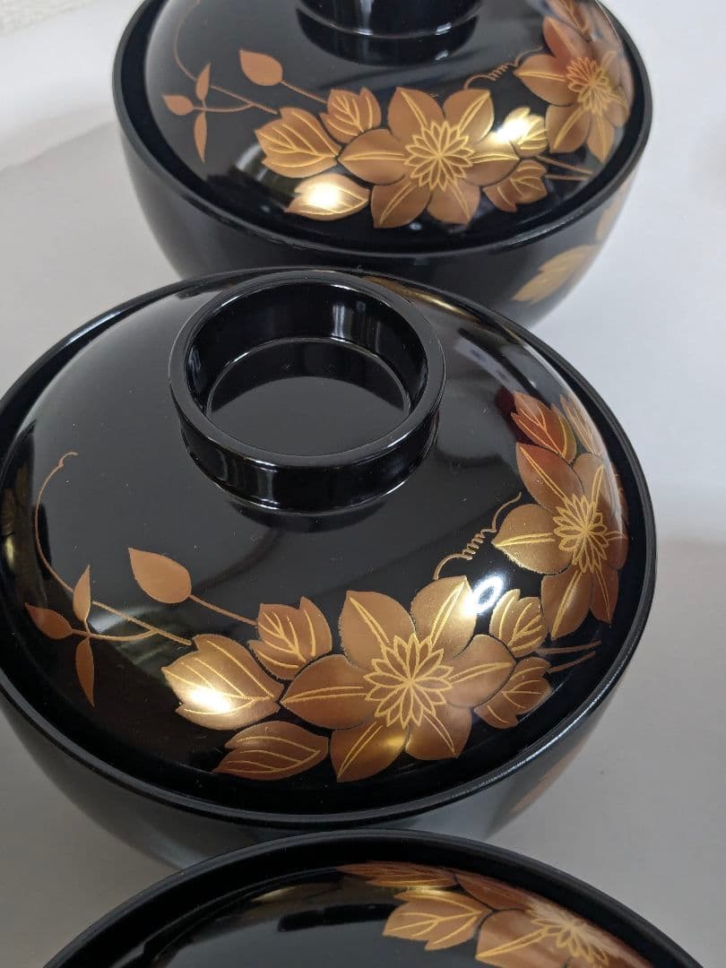 新品・未使用 乙造作 金彩蒔絵花文様 蓋付きお吸い物椀 5客セット 本漆