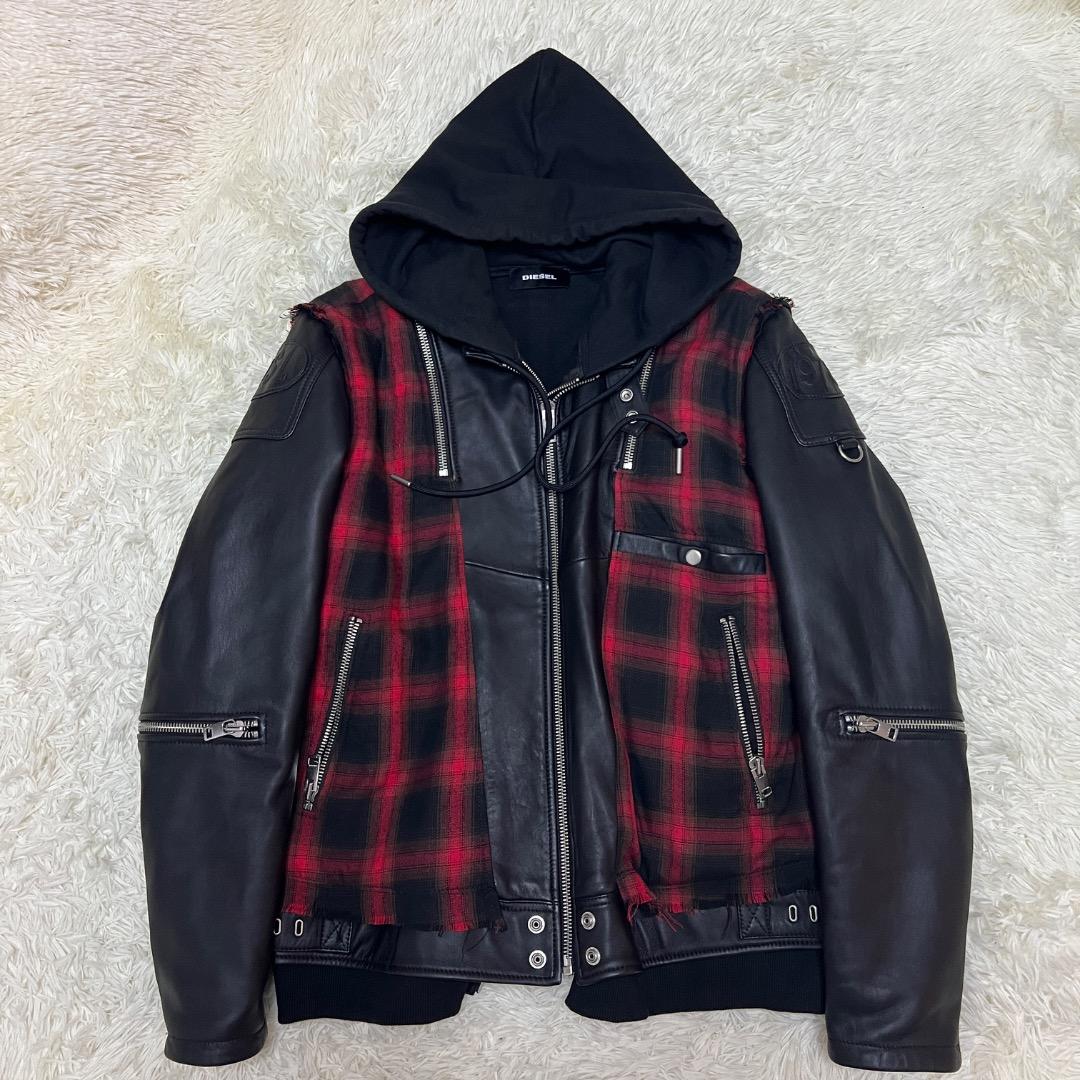 【希少】DIESEL レザー×チェック フーディ ライダース XXL 希少モデル