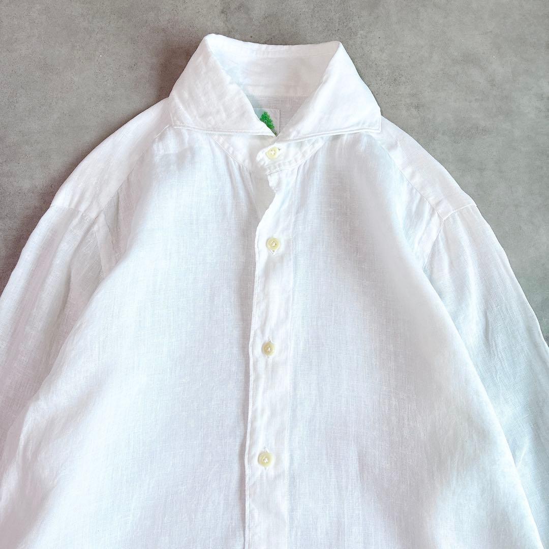 finamore フィナモレ 長袖リネンシャツ ホリゾンタルカラー 白 メンズ