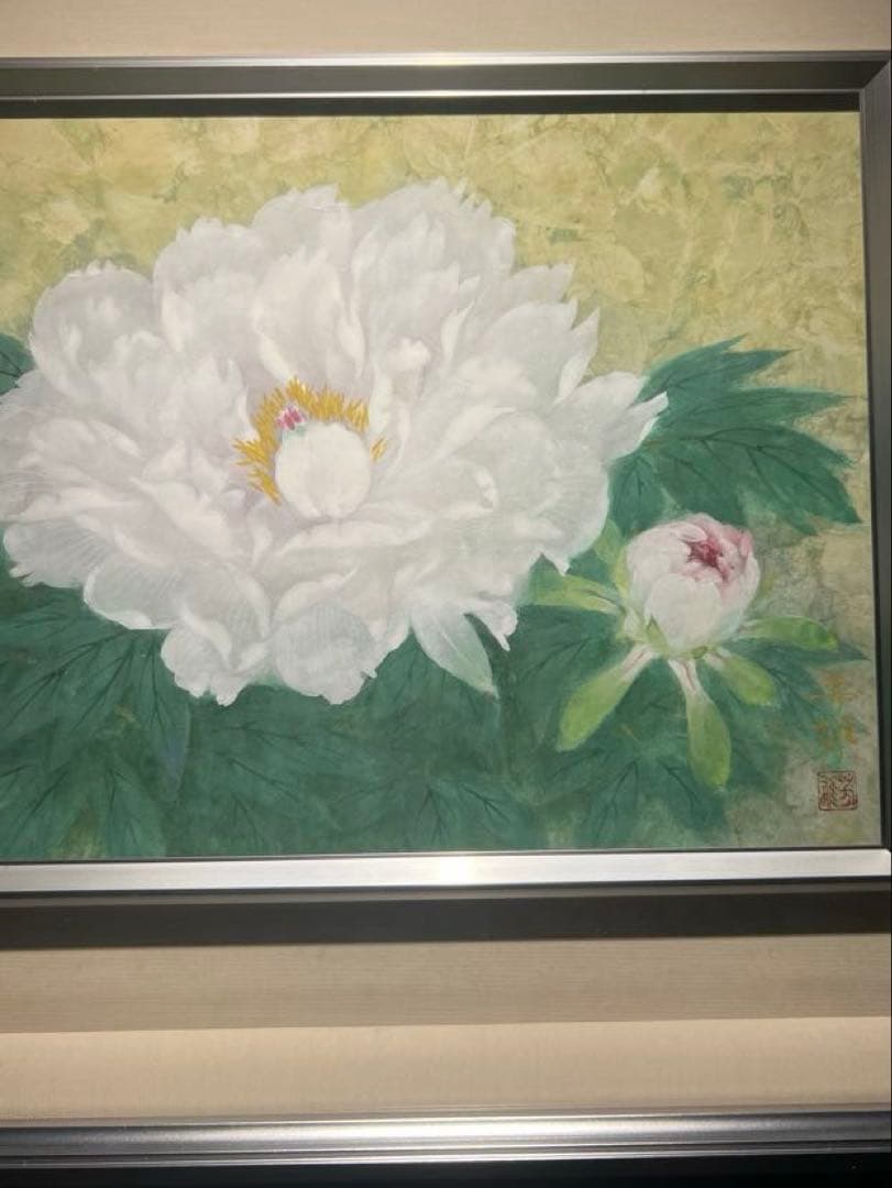 肉筆日本画　【純白の牡丹】　直筆サイン　印あり