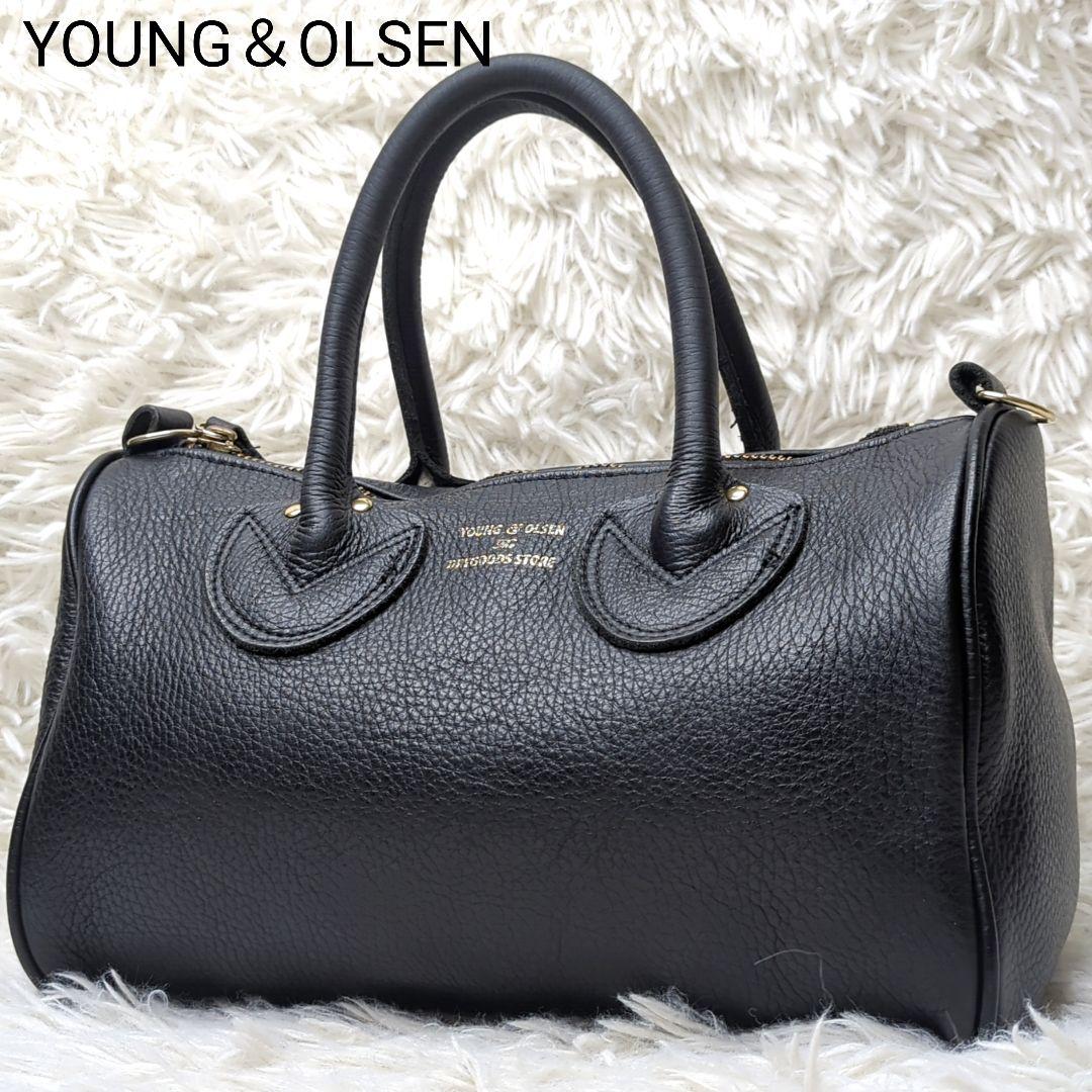 美品✨ヤング＆オルセン ミニボストン シボ革 黒 ゴールド金具 フレームワーク