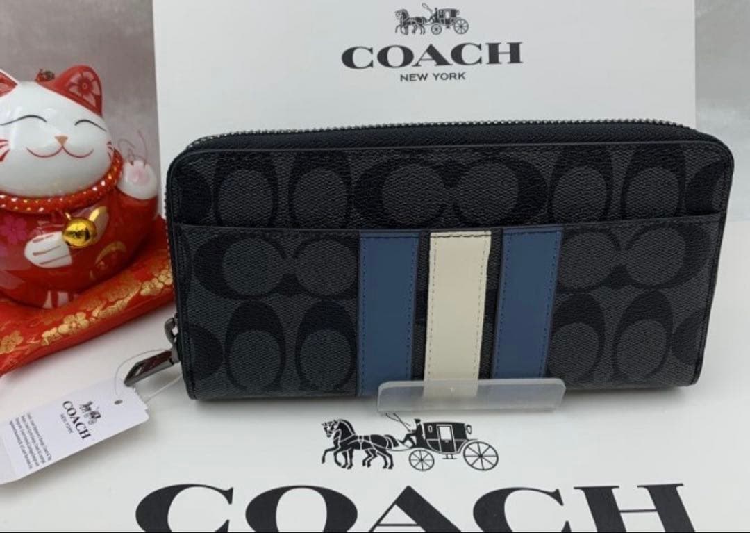 コーチ 長財布 シグネチャー 黒 青白ライン本日のみ　10,500円