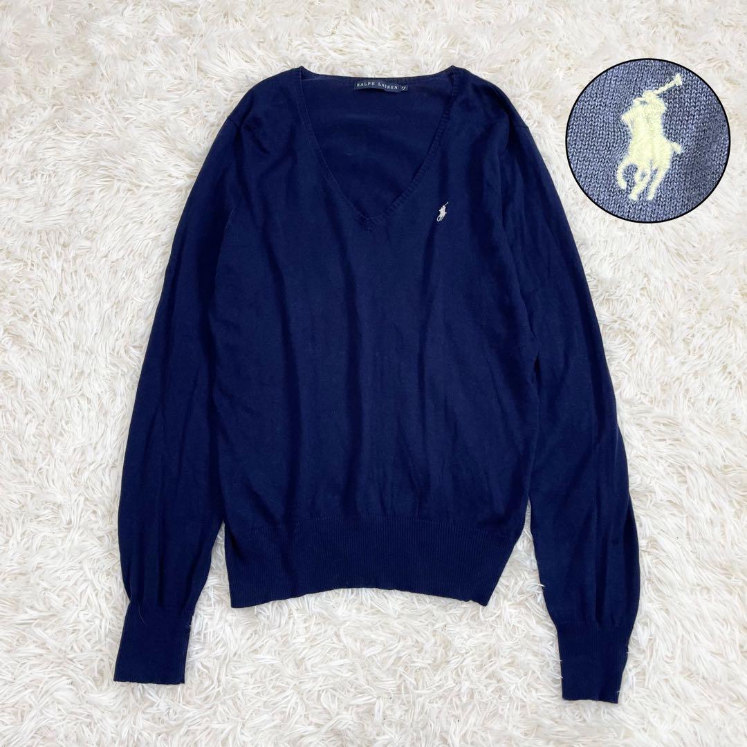 ラルフローレン ネイビー Vネックニット 薄手 7f ポニー刺繍 薄手