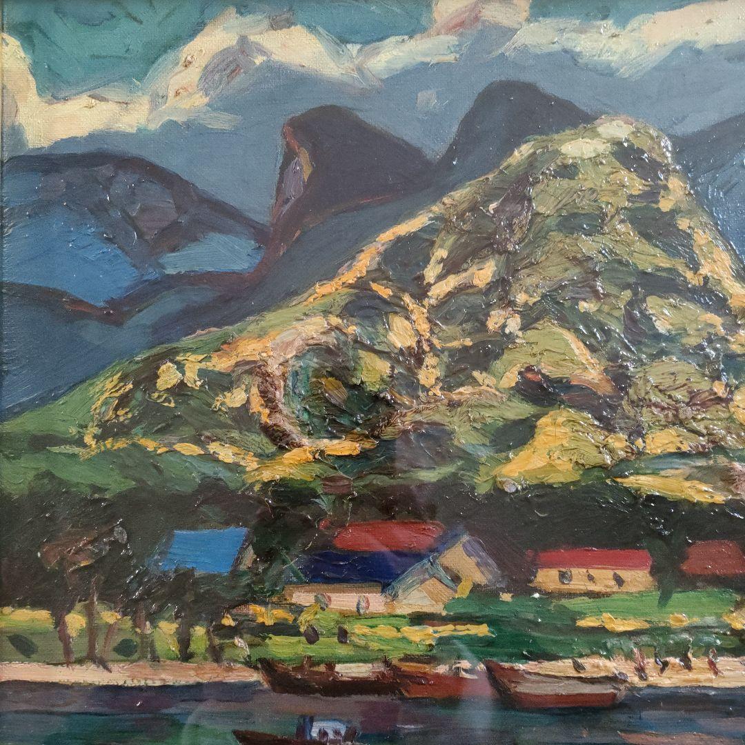 中野 亨(二紀会同人) 油彩画 F8号『夏の河口湖畔』マホガニー額装、共