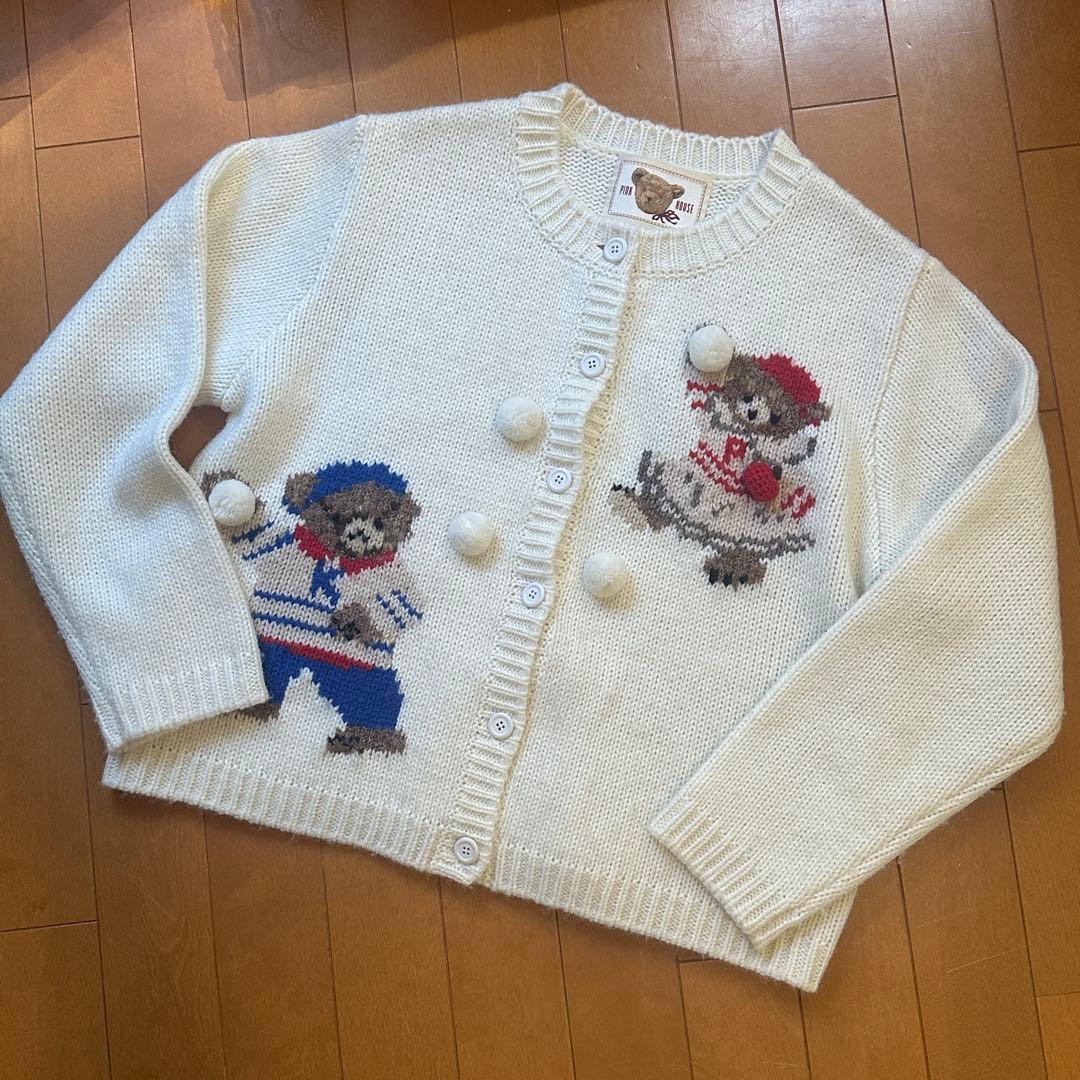 ピンクハウス　三つ子のくま　アイボリーカーディガン セール】 三つ子のくまの冬支度モチーフニットカーディガン