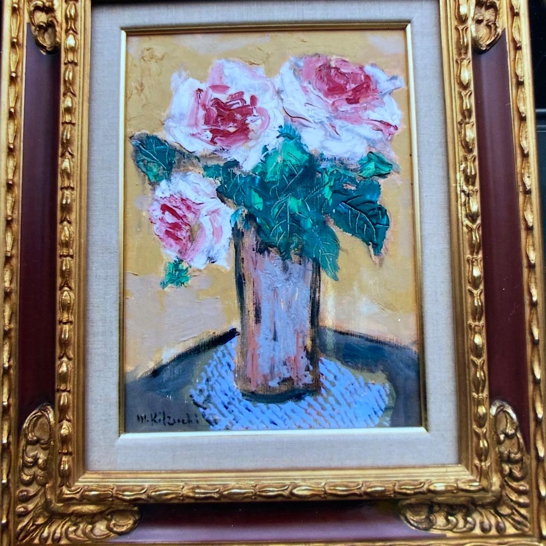 画家菊地正則「三輪のバラ」(ピエールロンサン)絵画 油彩画 額付き F4