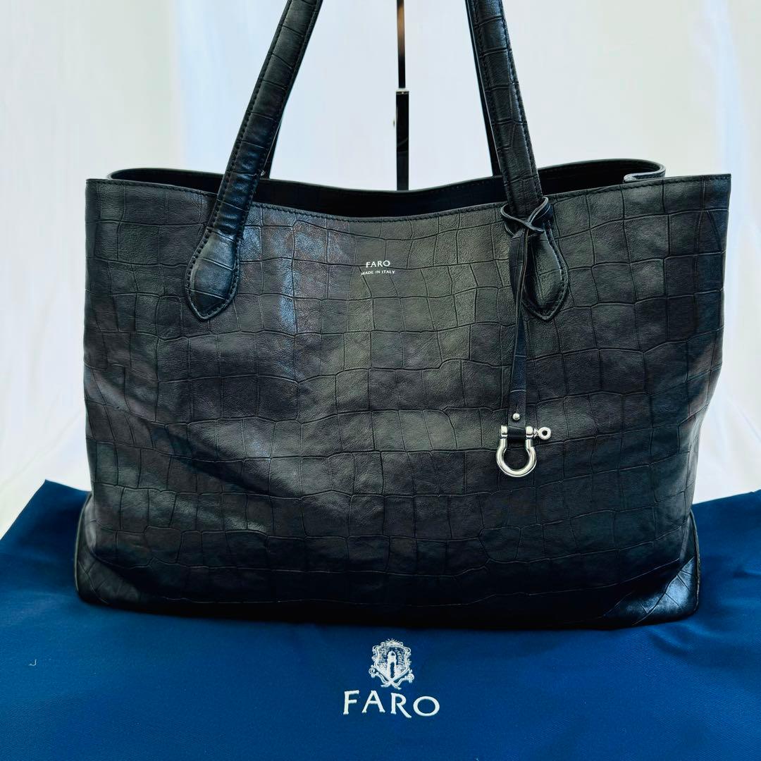 美品 FARO ファーロ　クロコ型押　トートバッグ　ブラック