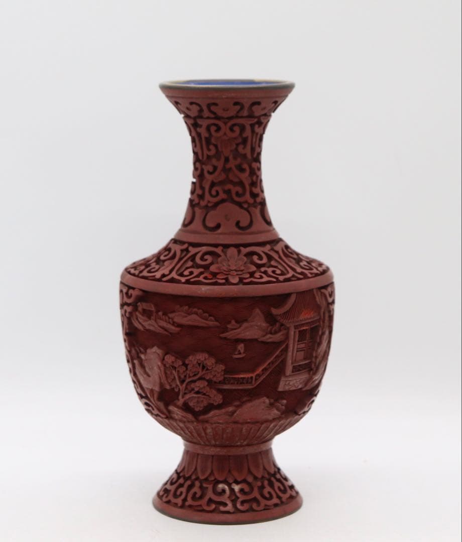 中国　堆朱花瓶　山水人物　送料込み250324
