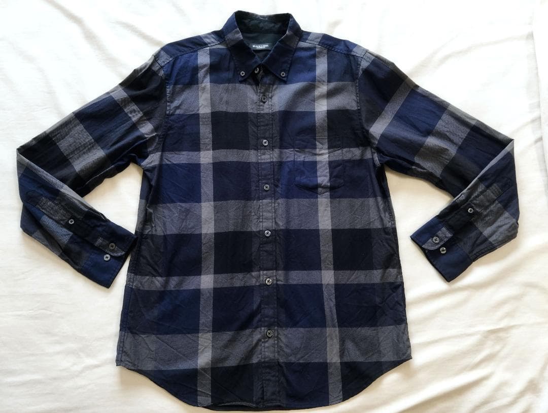 美品　ブラックレーベル クレストブリッジ　好配色　ボタンダウンシャツ　紺　L セール】 シャドークレストブリッジチェックハーフボタンダウンシャツ