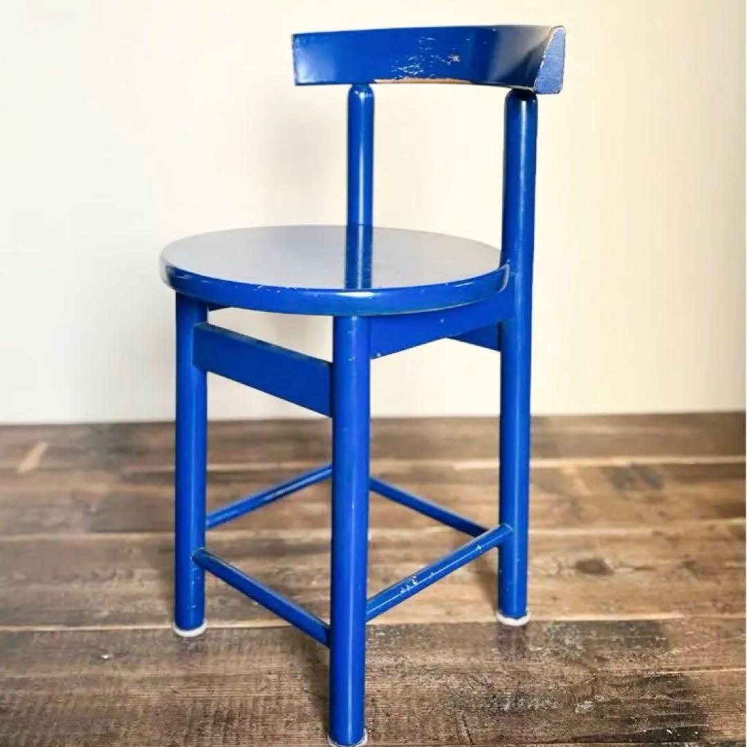 昭和40年代 青い木製スツール 無垢材 丸椅子 レトロ 学校家具