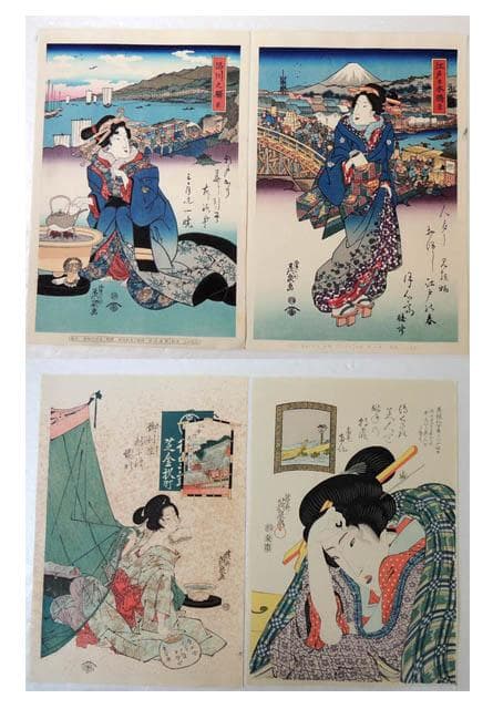 ●渓斎英泉●錦絵覆刻4枚/江戸日本橋・品川之駅・朝霞・芝金杉町比沙門天