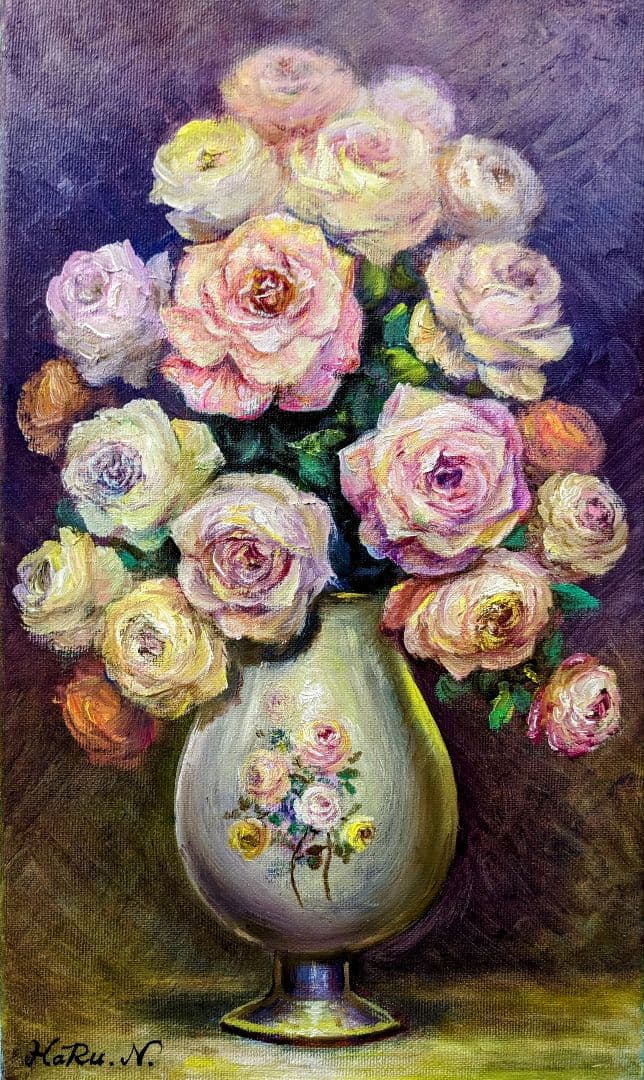 画家haru本人の出品☆油彩画M6号☆薔薇☆肉筆画☆