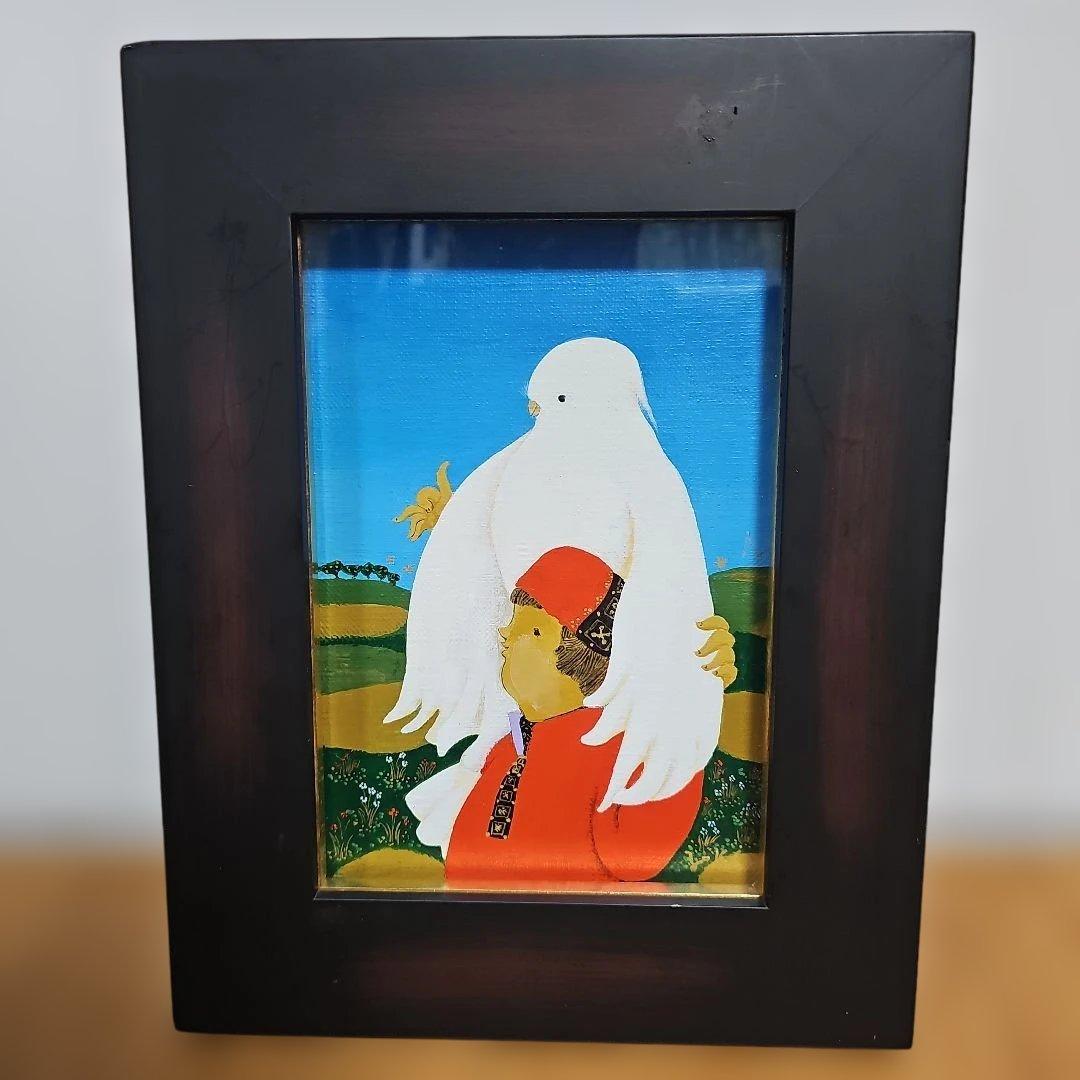 横田稔 油絵「鳥とMU」額付き